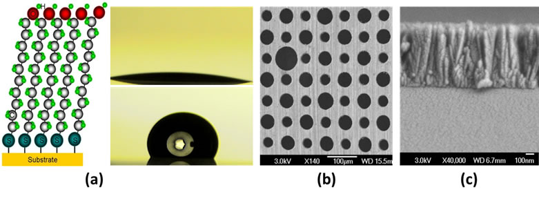 Surface control and device development based on MEMS/NEMS. (a) Mocular selef-assembled monolayer; (b)Top-down/etching:(c) bottom-up/deposition